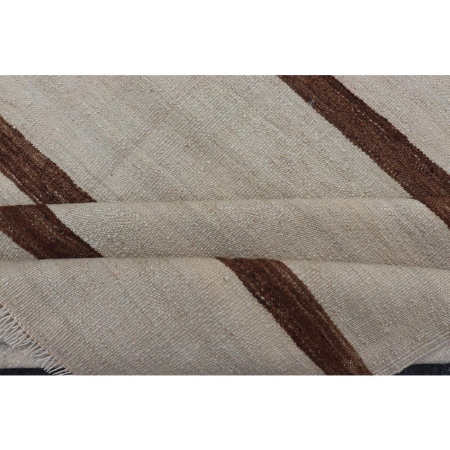 Vintage Turkish Kilim Rug Ivory Field With Brown Vertical Stripes Wool For Sale - Image 10 of 11
