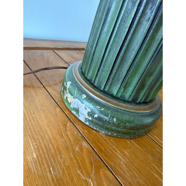 Metal Vintage Oversized Green and Gold Carved Table Lamp With Drum Shade For Sale - Image 7 of 9