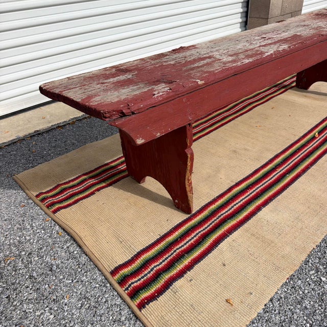 Farmhouse Antique Pennsylvania Mortised Bench in Old Red Paint, Lancaster County, Circa 1860s For Sale - Image 3 of 18