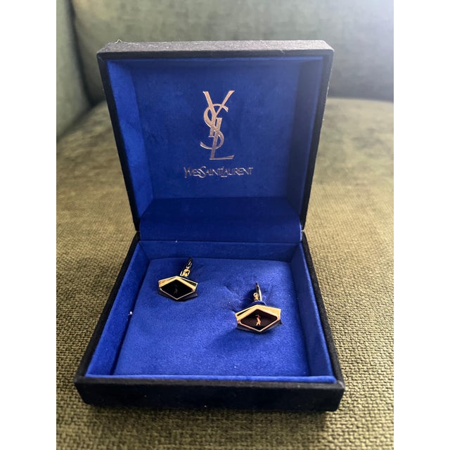 Rare YVES SAINT LAURENT "YSL" Gold Plate Cufflinks In Original Blue Velvet Case For Sale - Image 18 of 18