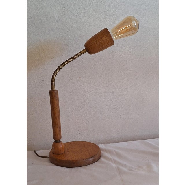 Vintage Adjustable German Desk Lamp with Oak Base and Brass Flex Arm from Bültmann-Leuchten, 1980s, in Very Good...