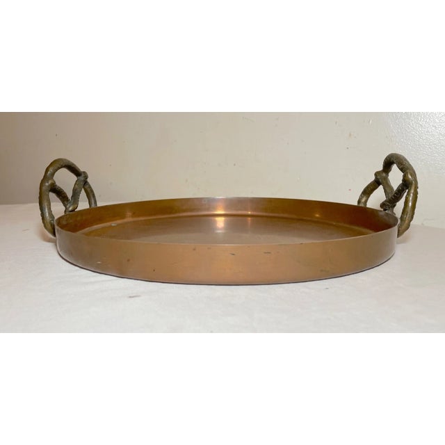 Metal Vintage Thick Copper Brass Pretzel Handle Circular Centerpiece Serving Platter For Sale - Image 7 of 11