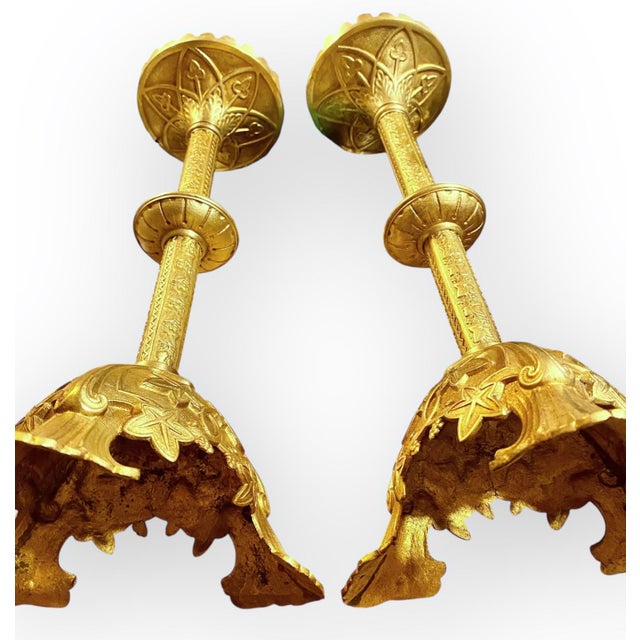 Pr. Antique French Art Nouveau Gilt Brass Alter Candlesticks For Sale - Image 12 of 17