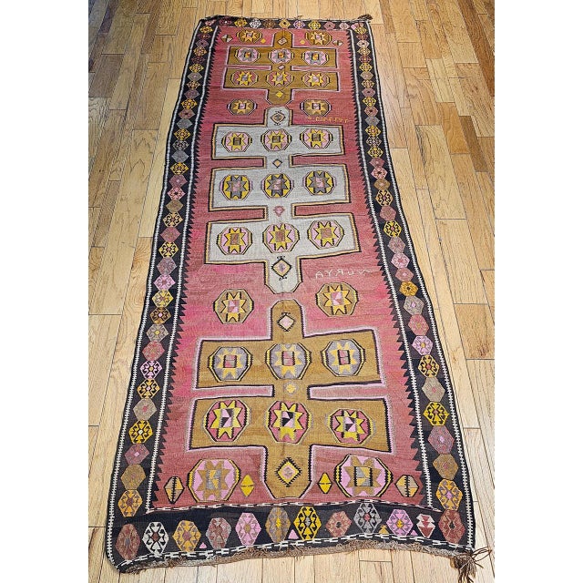 Vintage Anatolian Turkish Kilim Gallery Rug, Flat-Woven Geometric Pattern, Pink & Yellow, 5x13 For Sale In Chicago - Image 6 of 14