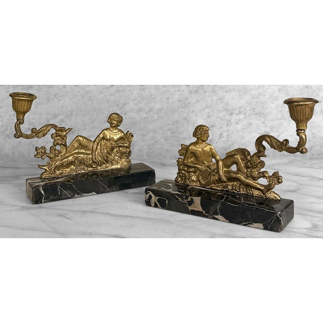 Mid 20th Century Vintage French Neoclassical Brass & Marble Figural Candlestick Holder - A Pair For Sale - Image 5 of 11