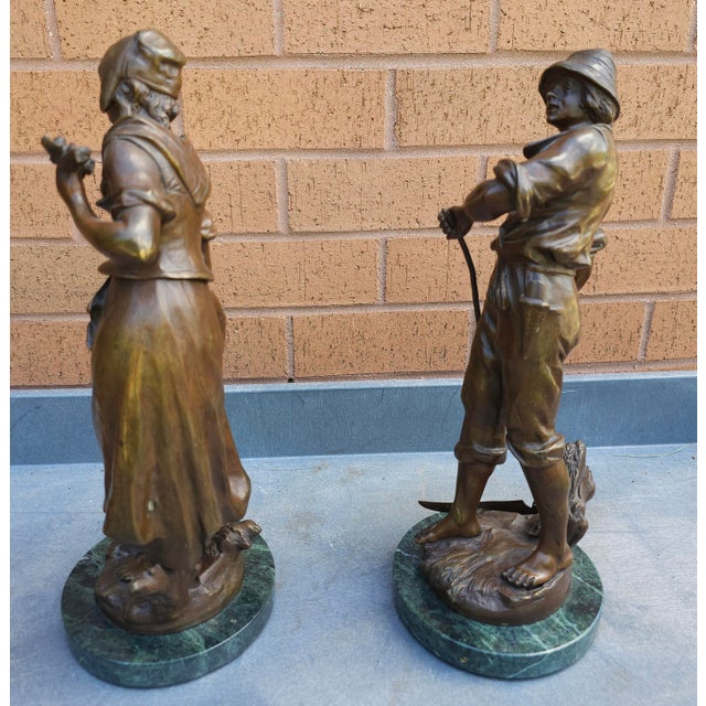 French Auguste Moreau, Pair of Patinated Bronze Figures Peasants on Marble Plinths For Sale - Image 3 of 11
