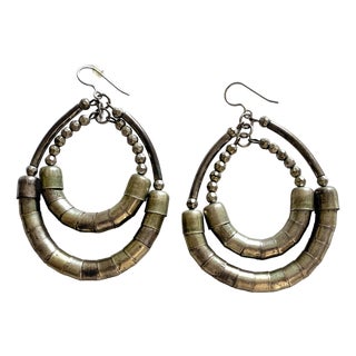 Vintage Boho Chic Mixed Metal Double Hoop Statement Earrings For Sale