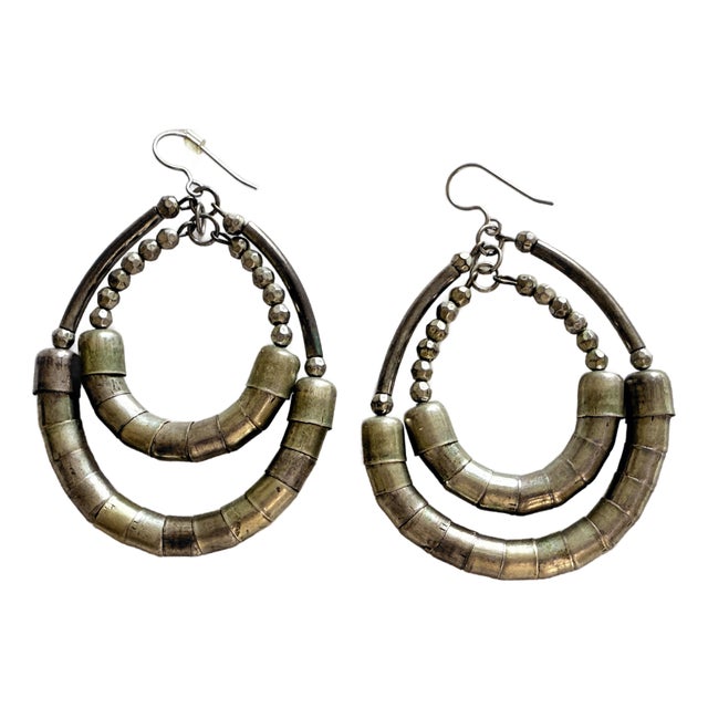 Vintage Boho Chic Mixed Metal Double Hoop Statement Earrings For Sale