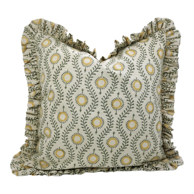 Boho Floral Block Print Frill Pillow Cover Handmade Artisan Decorative Throw 26x26 Inch- Laher For Sale