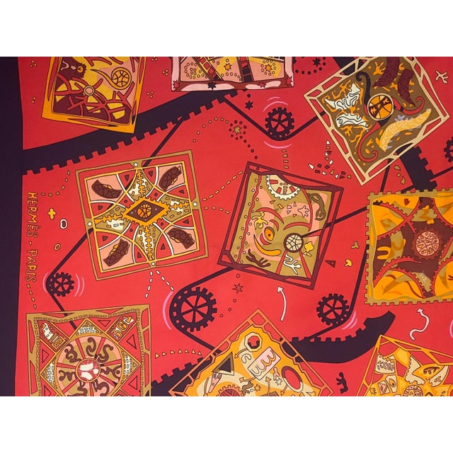 HERMES MÉCANIQUE des IDÉES red silk scarf designed Henry Christine 2004 France For Sale - Image 13 of 14