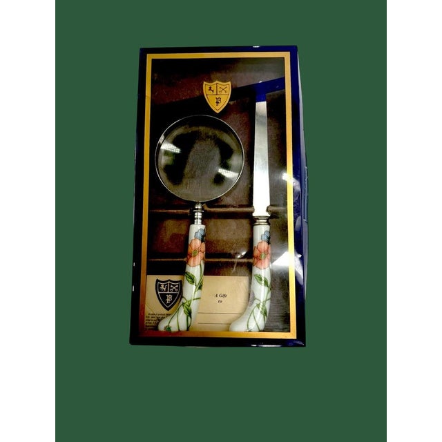 Ceramic Late 20th Century Prill Sheffield England Floral Porcelain Magnifying Glass Letter Opener Set For Sale - Image 7 of 8