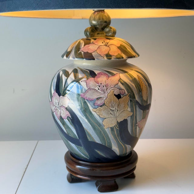 Wood Late 20th Century Violet Floral Pottery Ginger Jar Table Lamp For Sale - Image 7 of 10