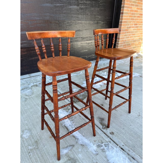 Early 20th Century Antique Late 19th Century Spindle Bobbin Early American Bar Stools - a Pair For Sale - Image 5 of 9