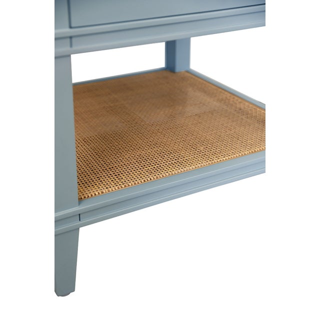 Matthew Izzo Home Cutler 24” Light Blue Two Drawer Single Porcelain Sink Vanity With Open Cane Shelf and Brass Hardware For Sale In New York - Image 6 of 10