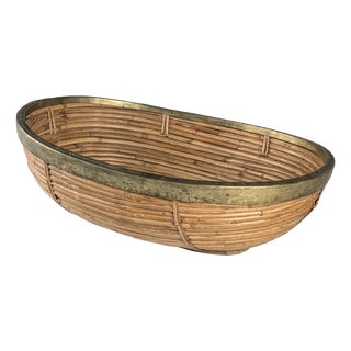 Mid-Century Italian Rattan and Brass Oval Centerpiece Bowl, 1970s For Sale