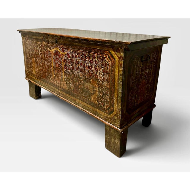 This charming Adriatic dowry chest, dating to circa 1870, is crafted in pine and decorated throughout with colorful hand-...