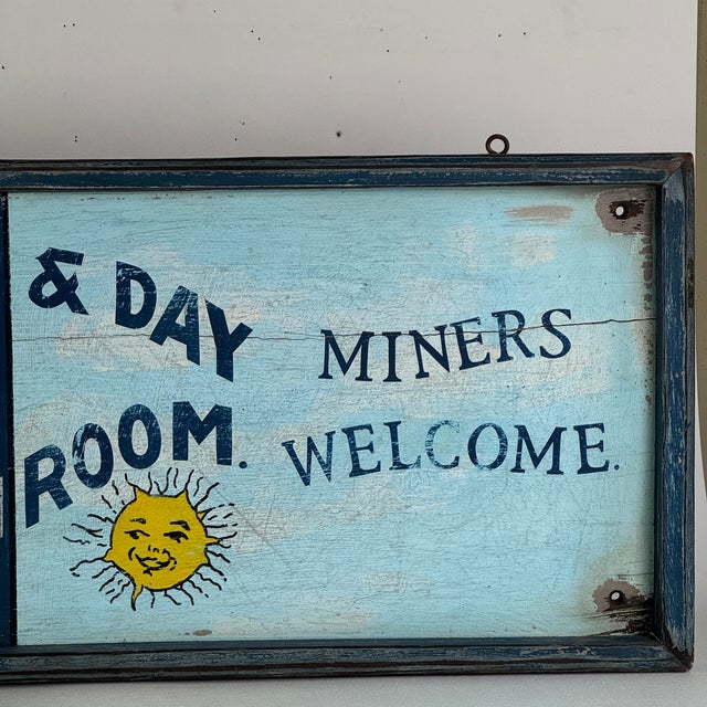 Wood Brilliant Decorative Vintage Tavern Sign in Blues, Advertising Meals Where Miners Are Welcome For Sale - Image 7 of 13