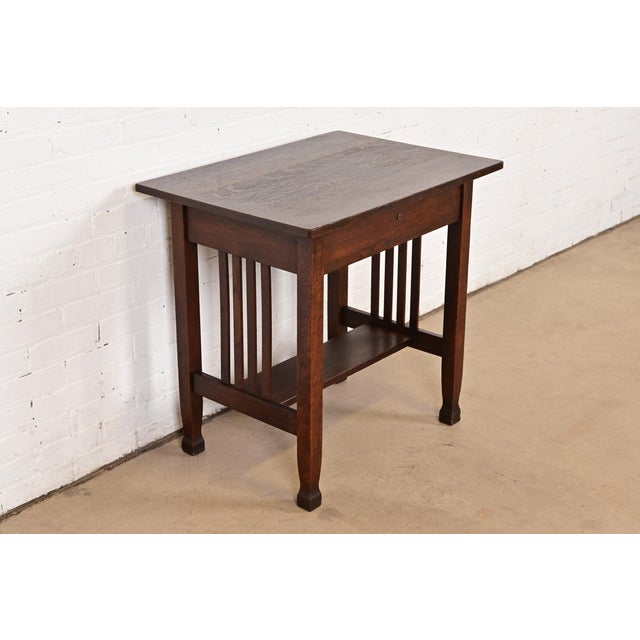 Stickley Brothers Style Antique Mission Oak Arts & Crafts Writing Desk or Library Table, Circa 1910 For Sale - Image 12 of 12