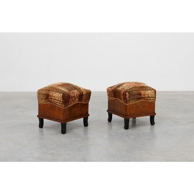 Art Deco Walnut Stool with Velvet Upholstery, Italy, 1920s For Sale - Image 3 of 12