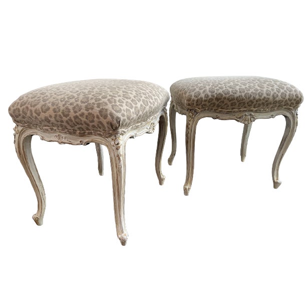 Wood Early 20th Century Pair of Antique French-Styled Upholstered Footstools For Sale - Image 7 of 7