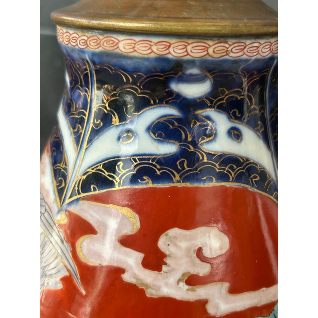 Late 19th Century Early 20th C. Japanese Fukagawa Imari Crane Lamp With Silk Bell Shade & Brass Finial - Fully Rewired For Sale - Image 5 of 12