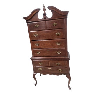 Late 20th Century Broyhill Queen Anne Cherry Highboy Chest on Chest Dresser With Bonnet Top For Sale