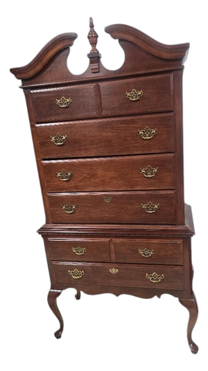 Late 20th Century Broyhill Queen Anne Cherry Highboy Chest on Chest Dresser With Bonnet Top