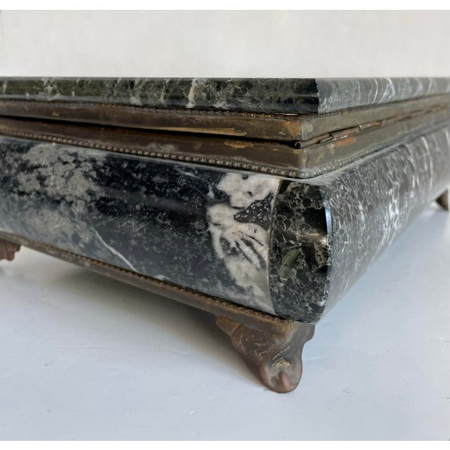 Mid-20th Century Green Marble Hinged Box With Brass Mounts & Black Felt Lining For Sale - Image 10 of 12