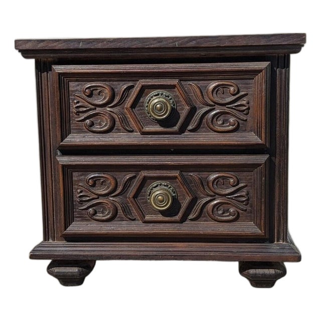 Vintage Spanish Gothic Revival Nightstand Ornate Carved Wood End Table, 1970s For Sale