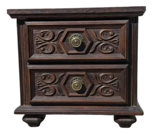 Vintage Spanish Gothic Revival Nightstand Ornate Carved Wood End Table, 1970s