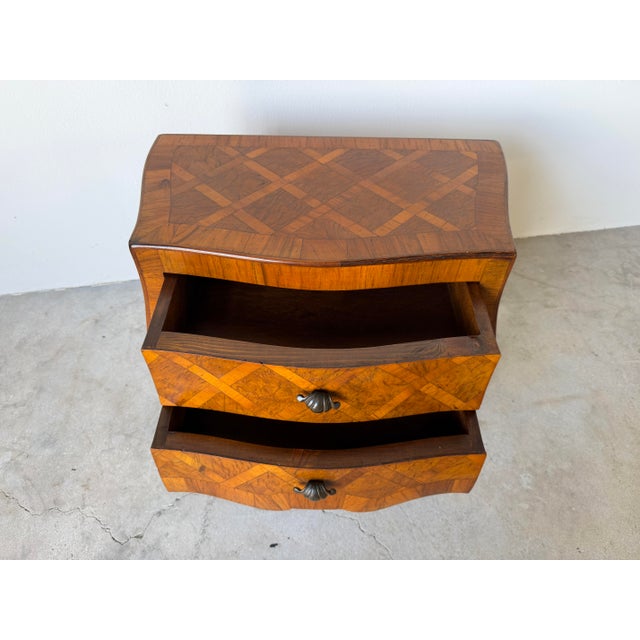 1970s Vintage Italian Burl Olive Wood Parquetry Two-Drawer Miniature Chest With Shell-Form Handles For Sale - Image 5 of 12