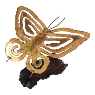 MId-Century Brutalist Brass Butterfly on Wood Stand For Sale