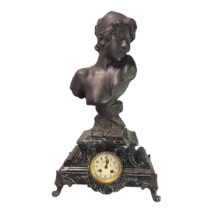 Antique Marble Mantel Clock With Figural Cast Metal Sapho Statue Sculpture Top