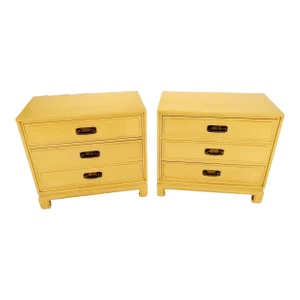 Pair Davis Mid-Century Modern Lemon Yellow Drop Pulls 3 Drawers Bachelor Chests