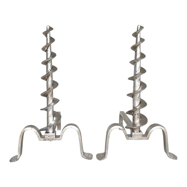 Mid 20th Century French Modern Silvered Iron Andirons - a Pair For Sale