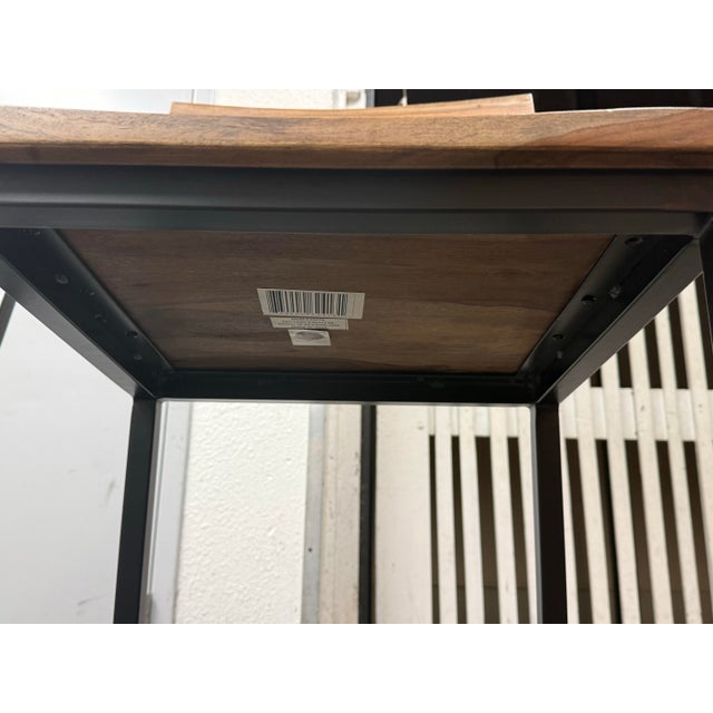 Industrial Acacia Wood + Metal Barstools, Pair For Sale - Image 12 of 12