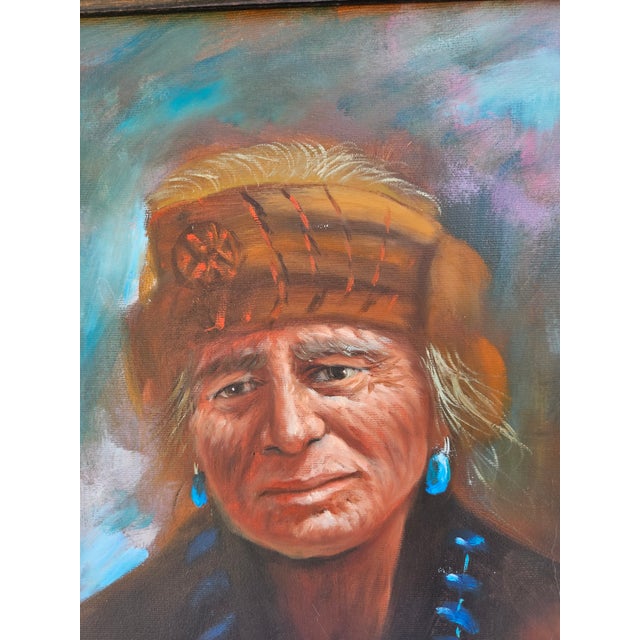 Wood Native American Portrait Painting on Canvas -Signed For Sale - Image 7 of 12