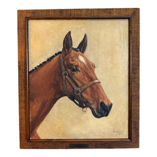 Oil Painting of Thoroughbred Racehorse, 1961, Golden Honors Horse Witch-Hazel, Esterling. By Artist Snow in 1961 Oil on Canvas For Sale