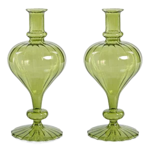 Vellum 2-Piece Set Large Green Spiral Glass Vases, Turnip Shape