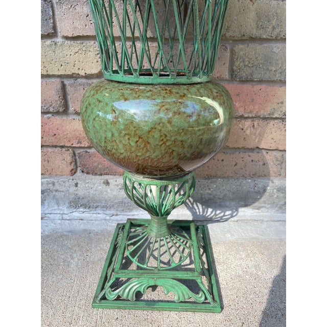 Vintage 1980s Wrought Iron and Ceramic Decorative Urn Planter Cachepot For Sale - Image 16 of 17