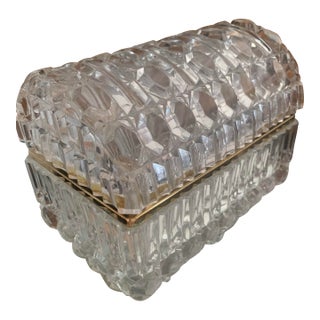1960s Cut Crystal Lidded Box Baccarat Style With Brass Trim and Closure; A Domed Crystal Lidded Box: Rectangular With Cut Squares and Surfaces For Sale