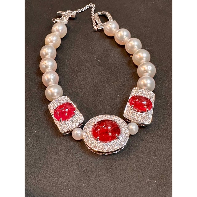 Arts & Crafts GIA Certified Burma No Heat Natural Spinel & Diamond & Pearl Bracelet, 18KWG For Sale - Image 3 of 18