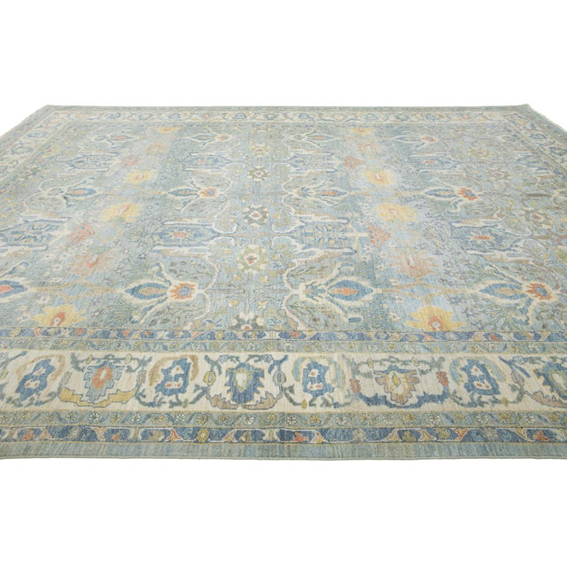 2020s Light Blue Contemporary Sultanabad Wool Rug With Floral Pattern by Apadana For Sale - Image 5 of 11