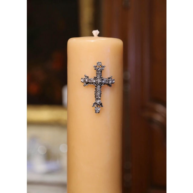Pair 19th Century French Louis XV Silvered Church Candlesticks With Wax Candles For Sale - Image 9 of 13