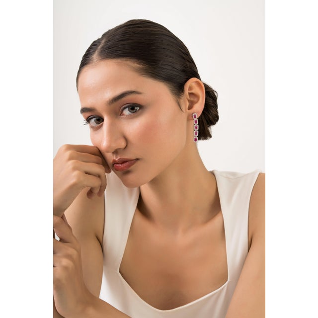 Metal VRJewels 3.82ct Pinkish Red Ruby Diamond Dangle Earrings in 14k White Gold- A Pair For Sale - Image 7 of 12