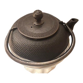 Early 20th Century Iwachu Japanese Iron Tea Kettle Tetsubin Nambu Tekki Hobnail Signed For Sale