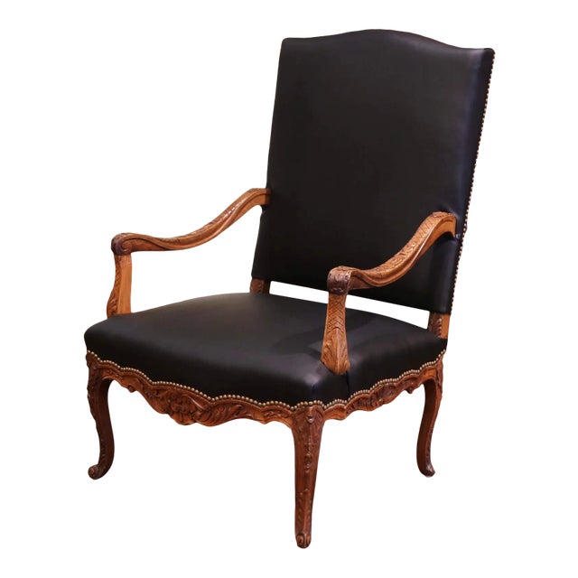 19th Century French Louis XV Carved Walnut Armchair With Black Leather For Sale