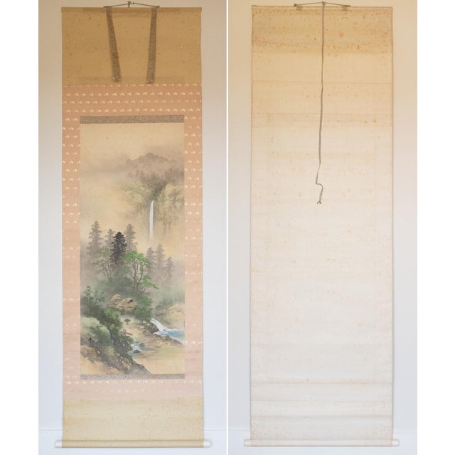 "Landscape With Waterfall", Showa Japanese Silk Scroll Painting For Sale - Image 17 of 18