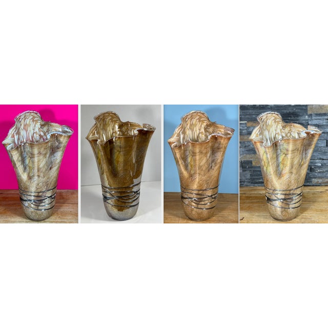 Tan Iridescent Art Glass Gold Tan Handkerchief Vase For Sale - Image 8 of 12