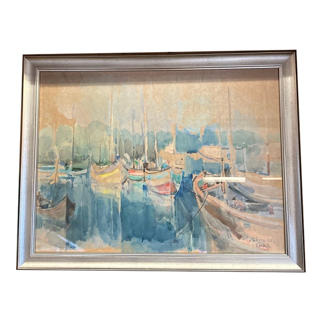 Boat Harbor Original Water Color by Avraham Binder (1906-2001) Harbor Sailboats and Water For Sale